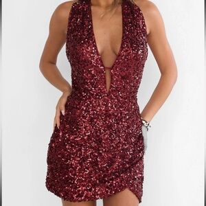 Elegant Sequin Burgundy Dress Afterlight Halterneck Backless